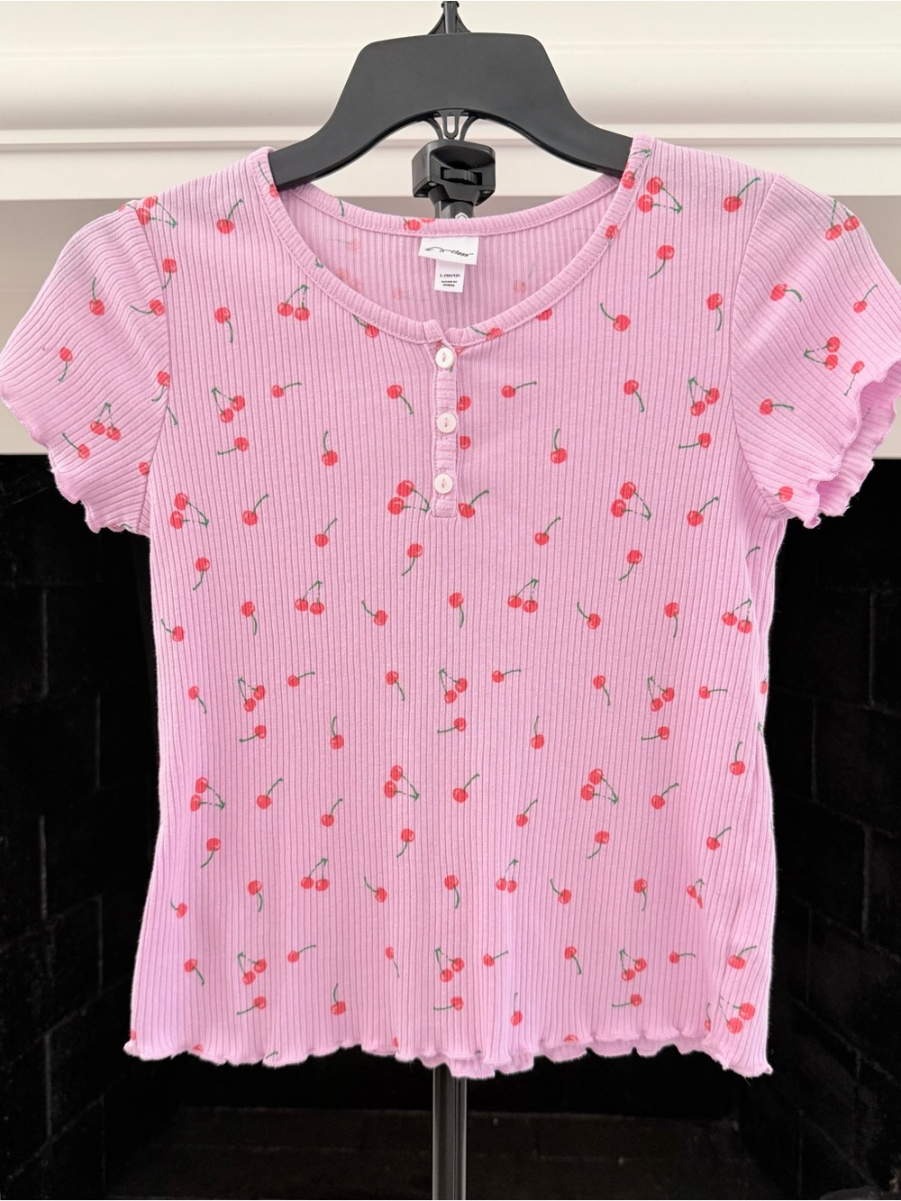 art class Pink Ribbed Cherry Henley Top- Girls 10-12